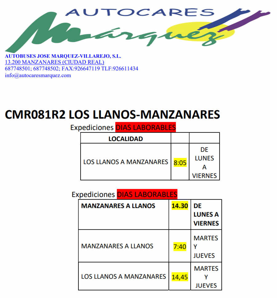 Horario de la linea regular de transporte público Llanos-Manzanares-Llanos